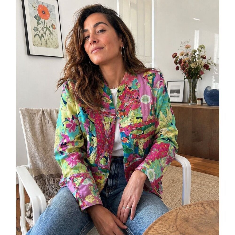 Vintage Minnie’s Closet Artsy Patchwork Lined Jacket Women’s L Boho Colorful Cro